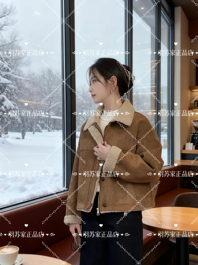 【不掉毛】短款宽松皮毛一体外套女2025冬季休闲小个子毛毛棉服