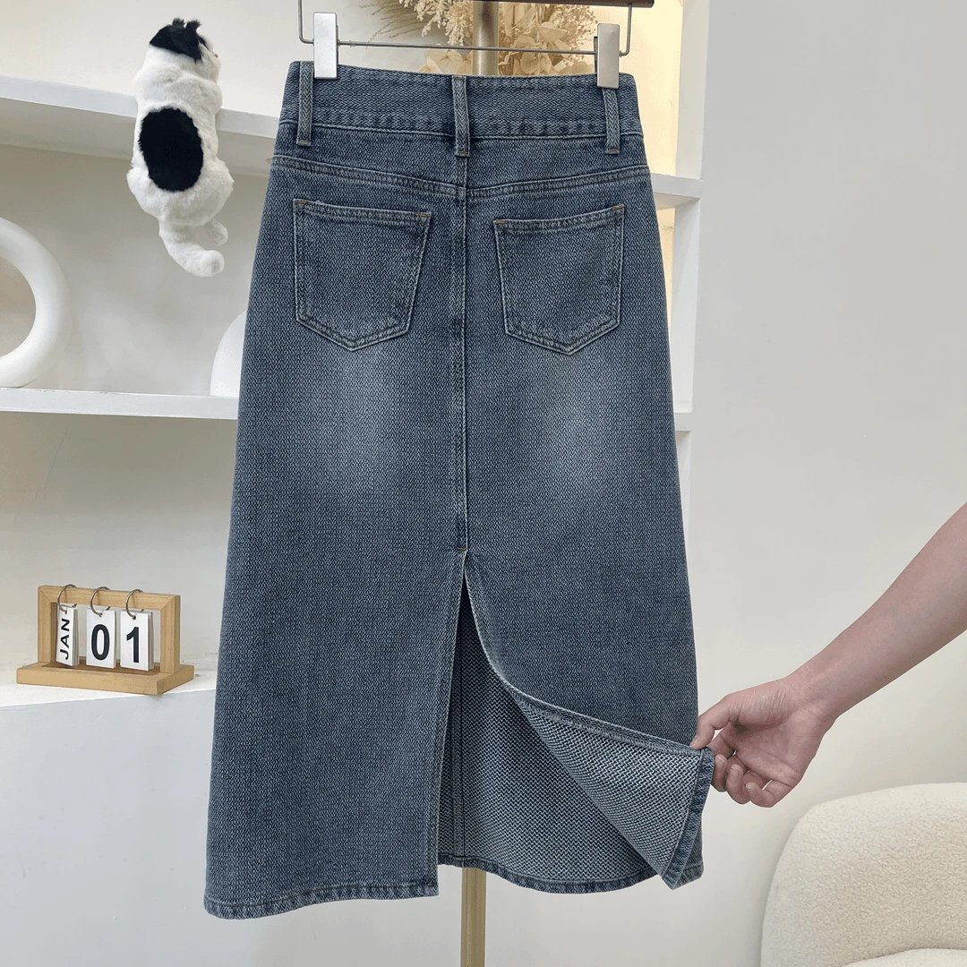 【现货+运费险】复古蓝星空纹牛仔半身裙女2025高腰显瘦后开叉a字裙