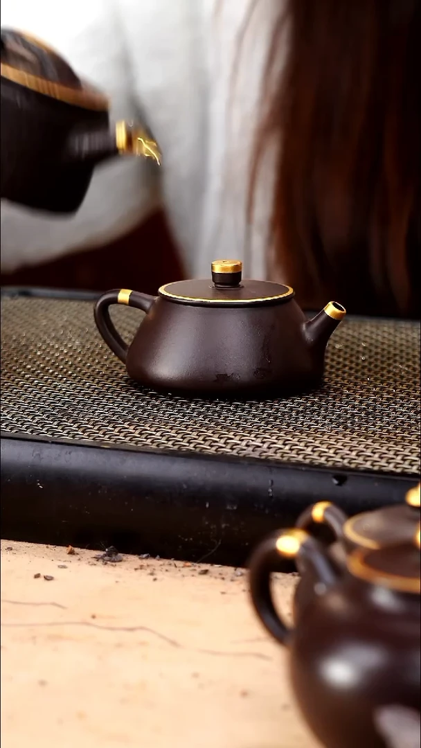 茶壶紫砂四号井茄皮紫泥描金平盖石瓢120cc