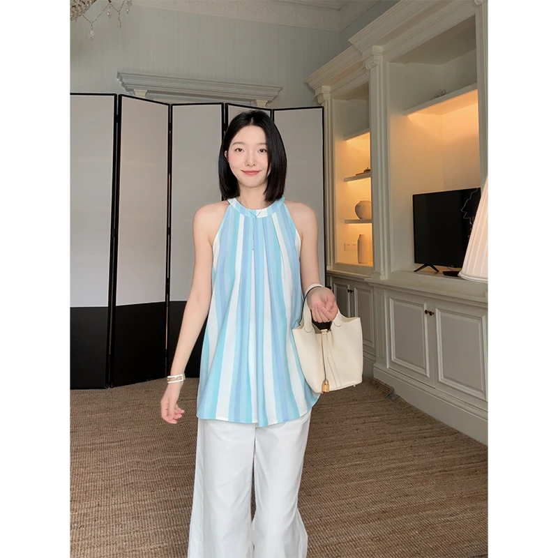 郭九九呢 亚麻棉简约花边直筒裤条纹宽松显瘦挂脖上衣 G925C07286