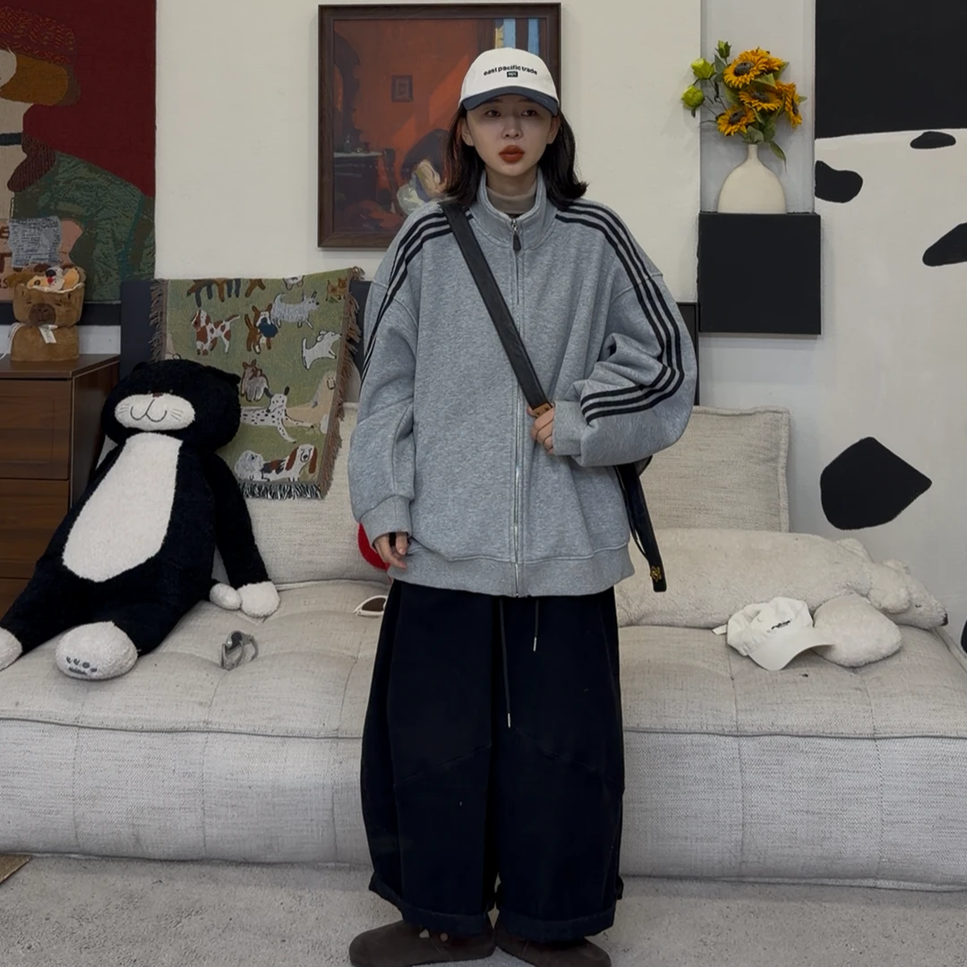 橘子罐头冬季新款宽松复古加绒加厚百搭韩版情侣两色开衫外套