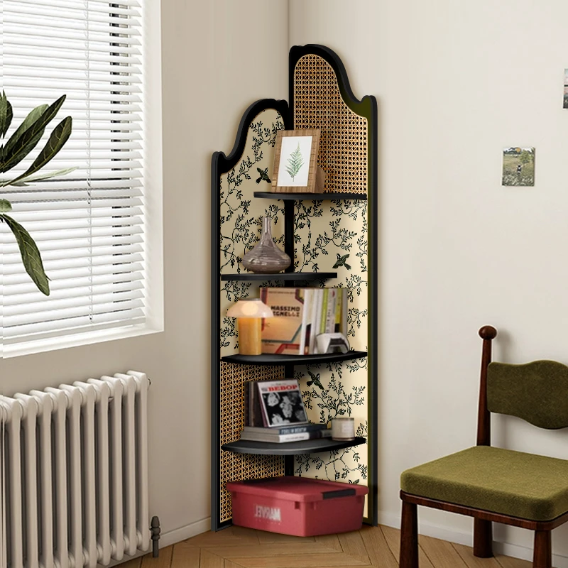 客厅转角置物架中古风角落拐角收纳柜画装饰高级感多层落地三脚架