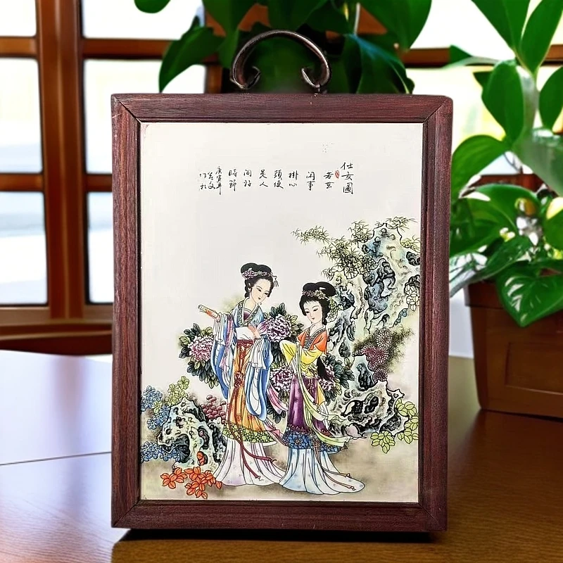 景德镇瓷板画柴窑烧制仕女图手绘实木边框百鸟朝凤图陶瓷挂画