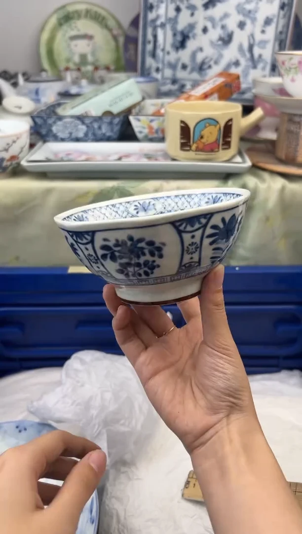 瓷片冈田烧唐草纹米饭碗12.5乘6