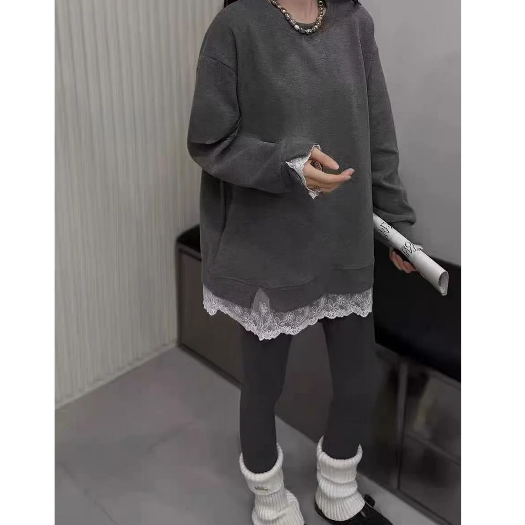 2025新款长袖纯色蕾丝拼接不起球圆领T恤时尚秋冬假两件套装