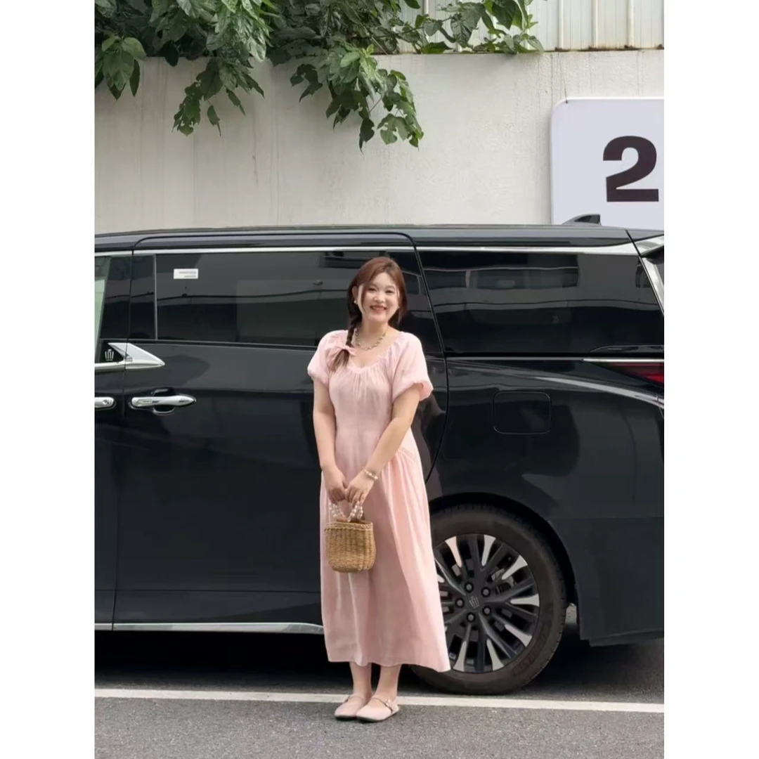 晶咕佳佳【纯色美学】领口弹力暗纹连衣长裙显瘦气质时尚夏季初恋