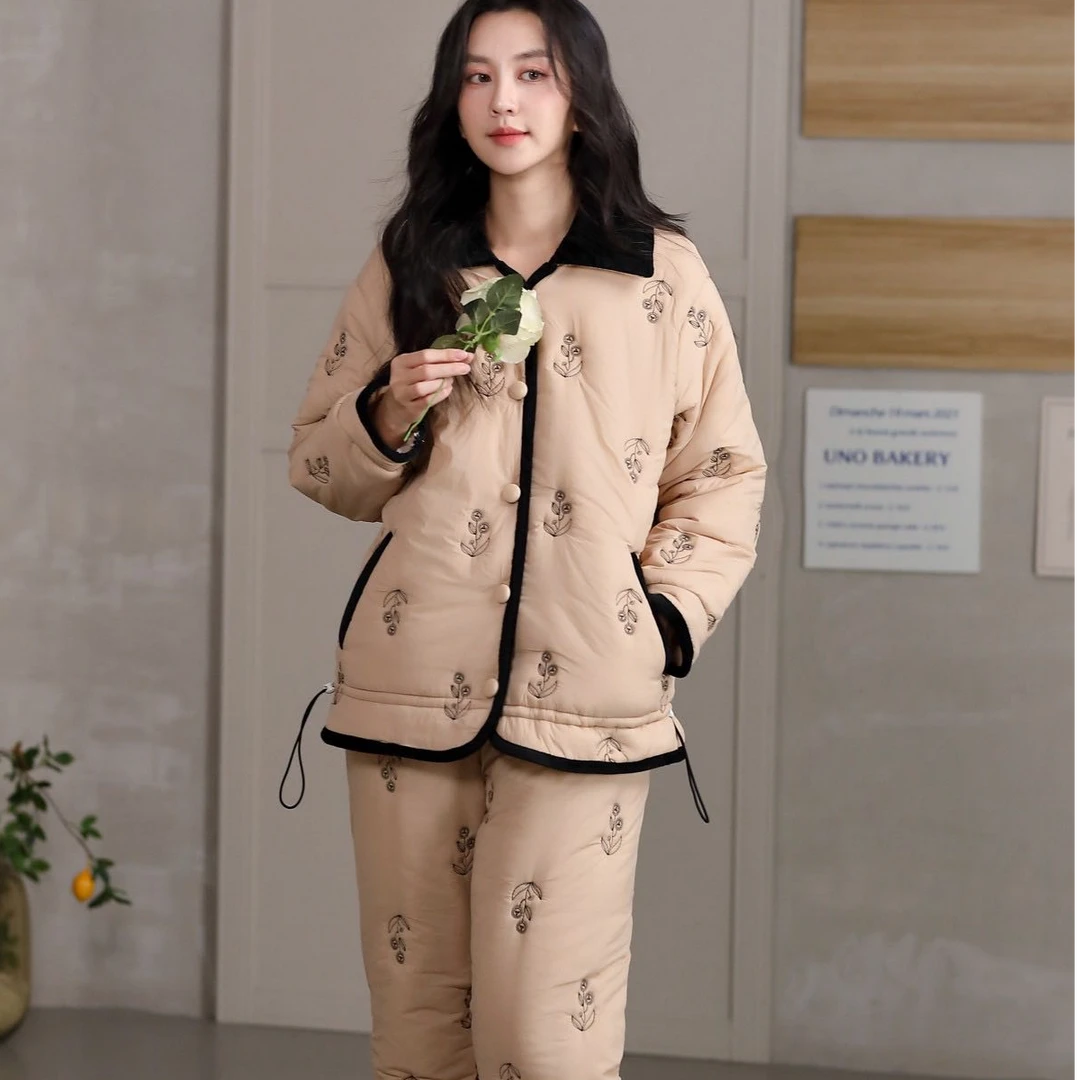 【0331安-抽绳玫瑰】新三层夹棉冬超厚加绒加厚高端保暖家居服睡衣