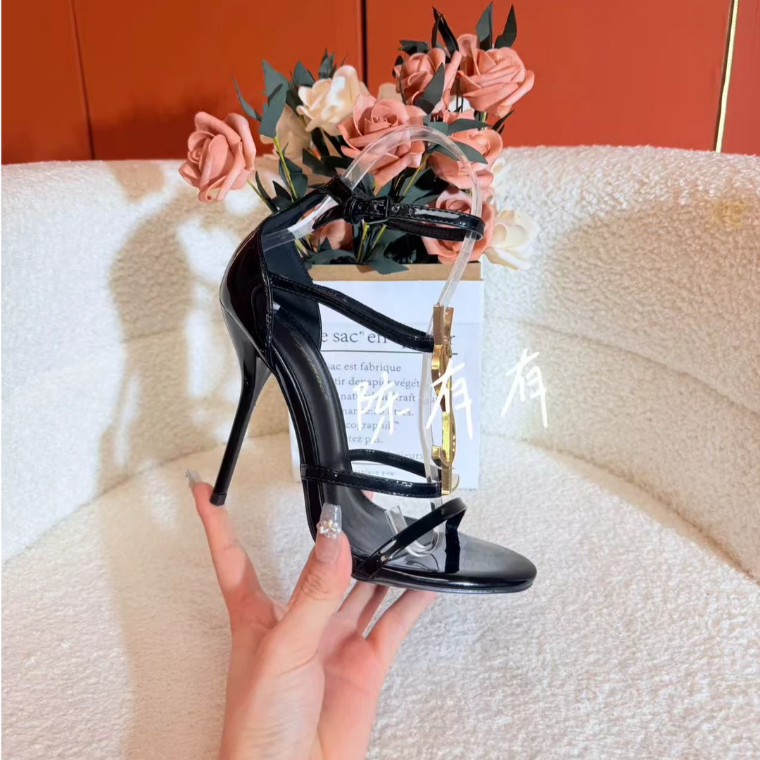 2025年经典一字带绑带金属背扣细跟高跟鞋性感御姐风凉鞋