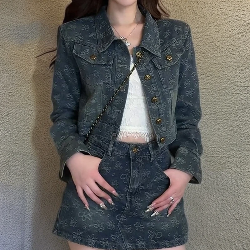 御姐风INS风复古港风时尚套装韩版时尚牛仔百搭春秋显瘦两件套女