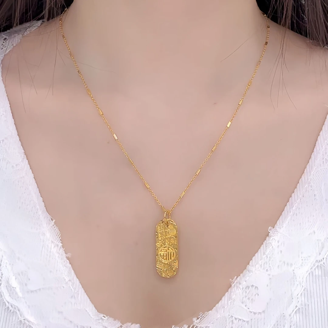 合金项链 新中式吉言碎冰冰圆牌方块项链轻奢高端