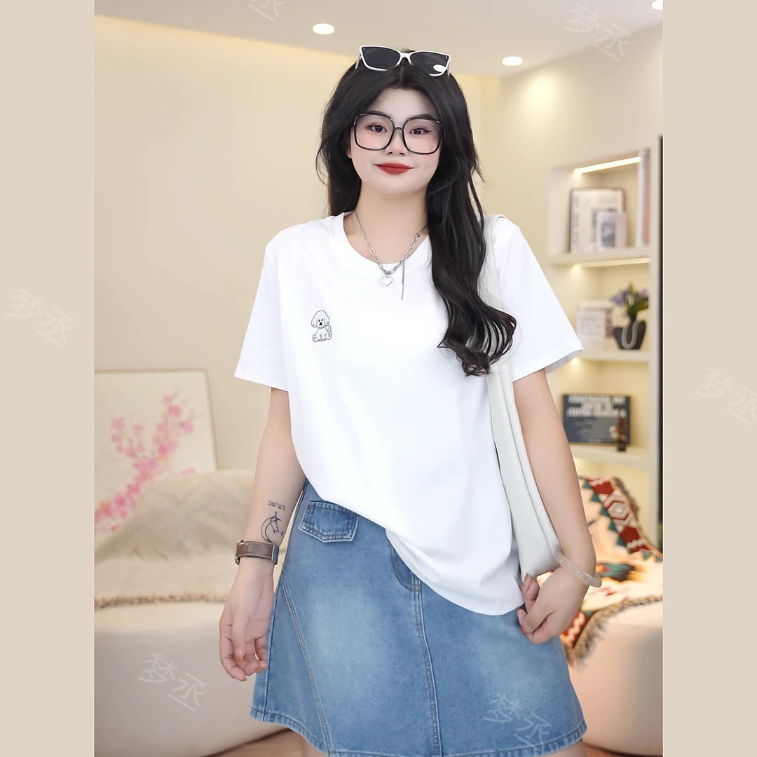 梦丞-大码女装夏季刺绣小狗宽松显瘦短袖女款爆款2025新款上衣