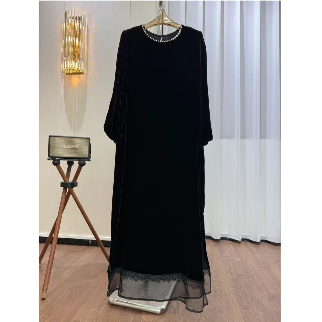 高级感下摆欧根纱蕾丝拼接100%桑蚕丝真丝丝绒圆领钉珠连衣裙长裙