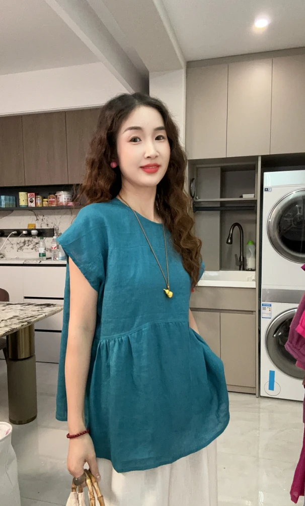 月月自制 孔雀蓝天然亚麻衬衫女圆领短袖A字版遮肉显瘦上衣女