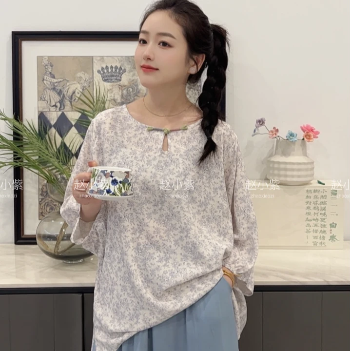 02【上衣】人造棉绵绸圆领薄款新国风小衫宽松遮肉显瘦舒适透气时尚