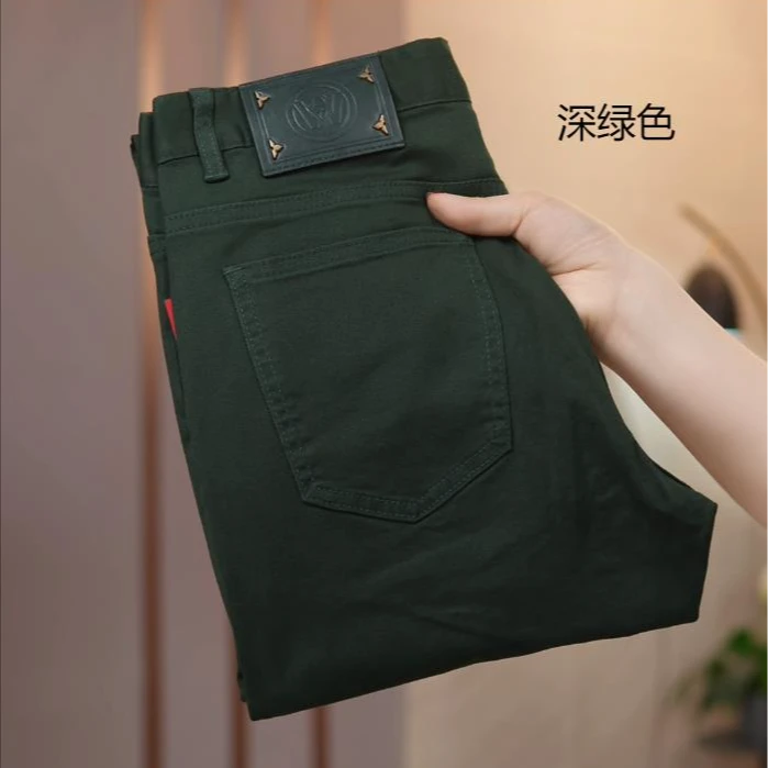 春夏深绿色男装修身小直筒休闲牛仔裤时尚百搭潮流韩版轻奢牛仔裤