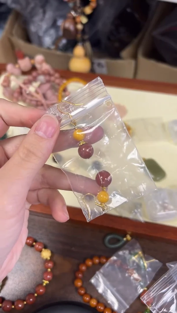 银S925镶嵌蜜蜡耳饰蜜蜡南红圆珠银耳环[1324]