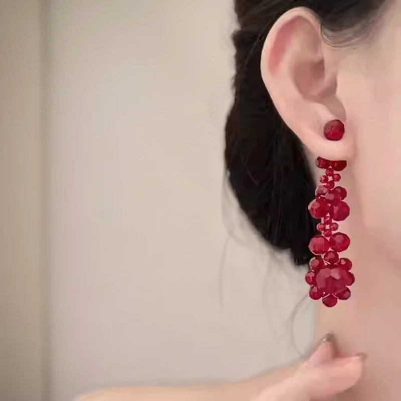 银针玻璃花朵流苏耳钉女韩版精致百搭气质耳环轻奢高级感耳饰