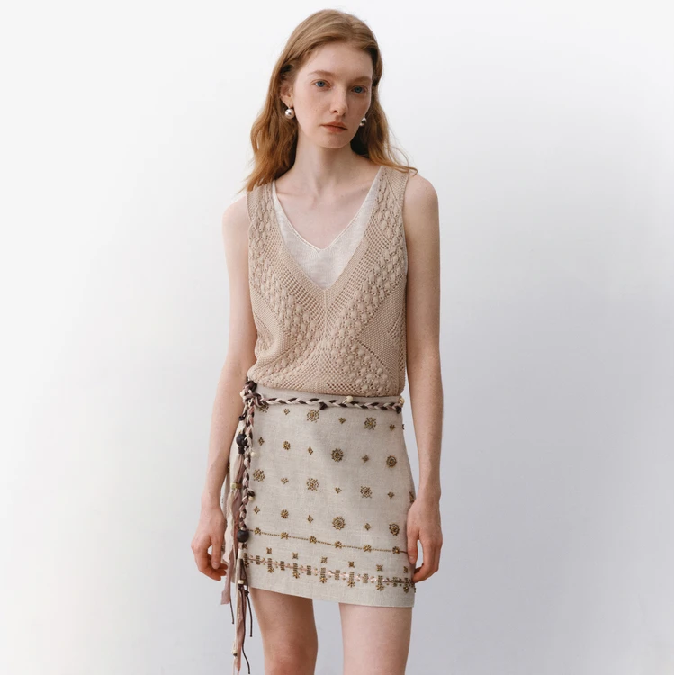 Wanatry 浅卡其假两件钩针背心上衣【达人专属】