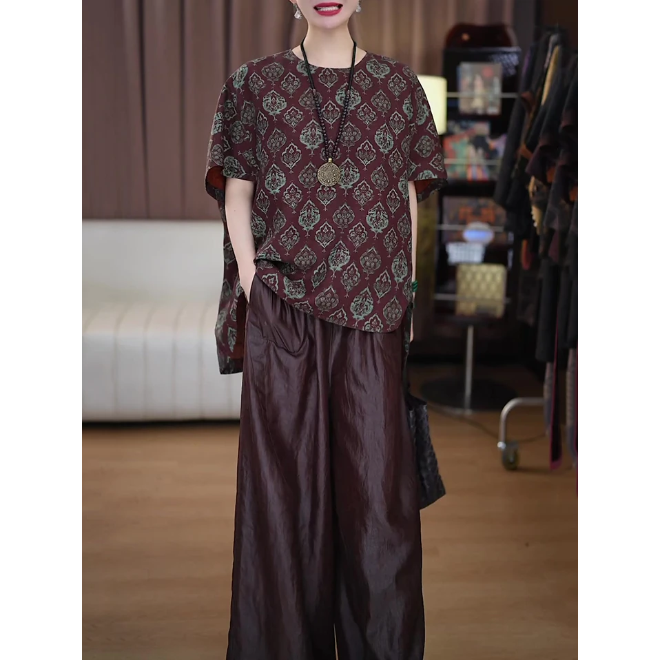 高档民族风时尚套装女2025夏新款休闲百搭宽松显瘦大码上衣+长裤