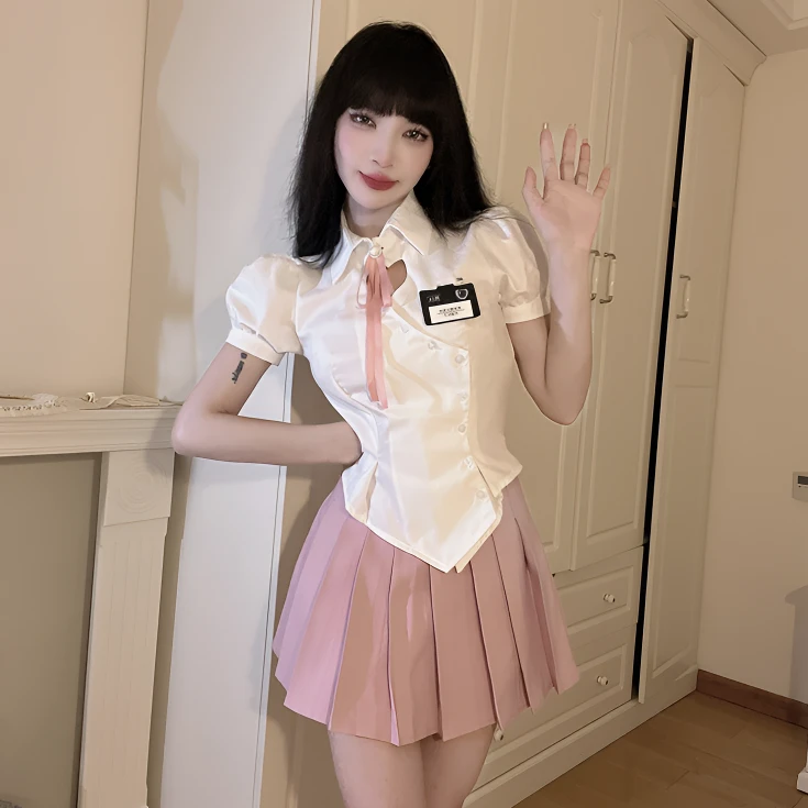 粉色领结掐腰心机爱心性感收腰镂空jk衬衫泡泡袖不规则上衣女夏季