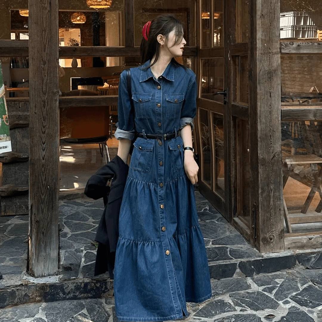 复古气质牛仔衬衫连衣裙女2025春秋新款收腰显瘦通勤轻奢大摆长裙