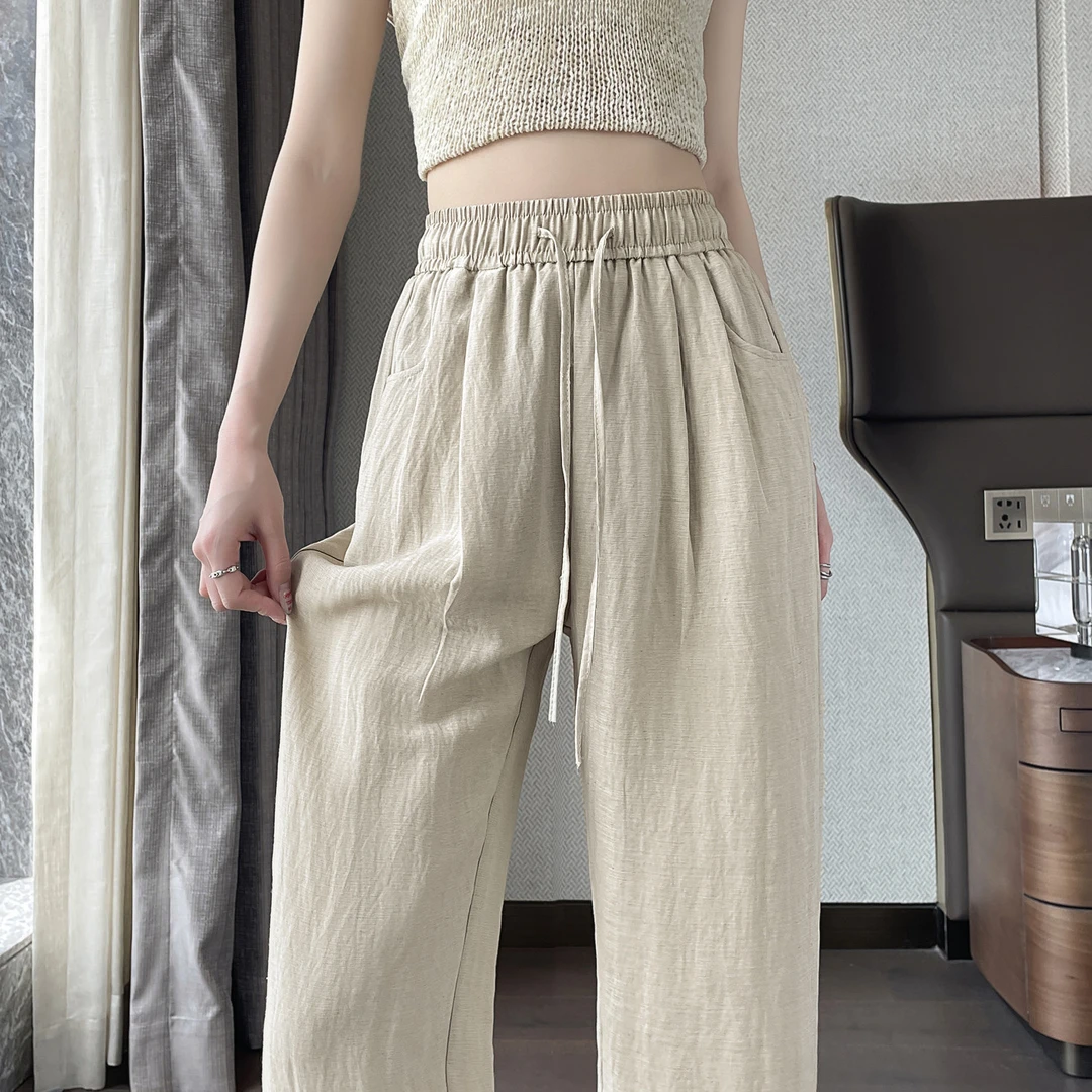 天丝亚麻阔腿裤女夏季薄款2025新款高腰宽松休闲垂感冰丝直筒裤子