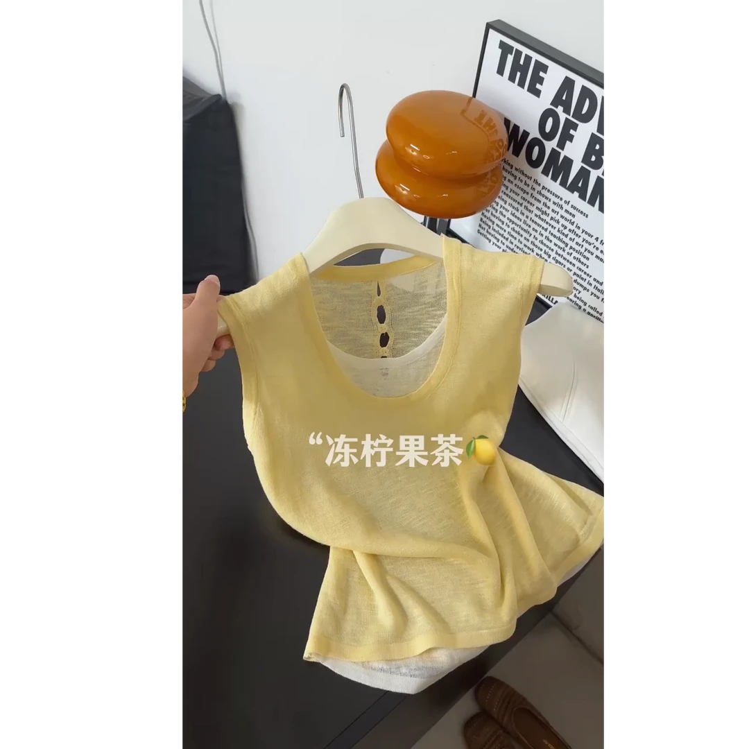 韩系显白假两件无袖背心女夏季小众设计微透修身拼色薄款外穿吊带