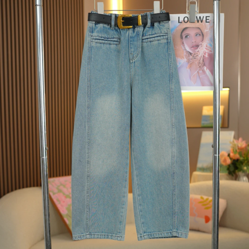 女童一字口袋弯刀裤2025春季新款中大童时尚百搭儿童宽松牛仔裤潮