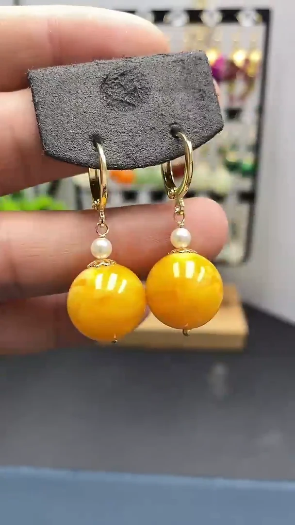 【闪购商品】蜜蜡耳饰银S925镀金镶嵌尺寸16mm耳扣06