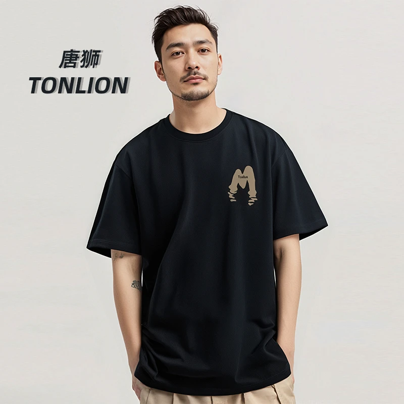 tonlion/唐狮重磅320G宽松圆领100%纯棉美式情侣短T恤LLBTS007