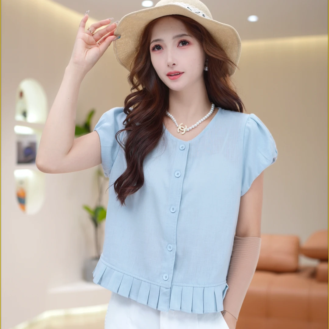 休闲风气质时尚衬衣女2025夏季新款显瘦减龄洋气百褶上衣0166