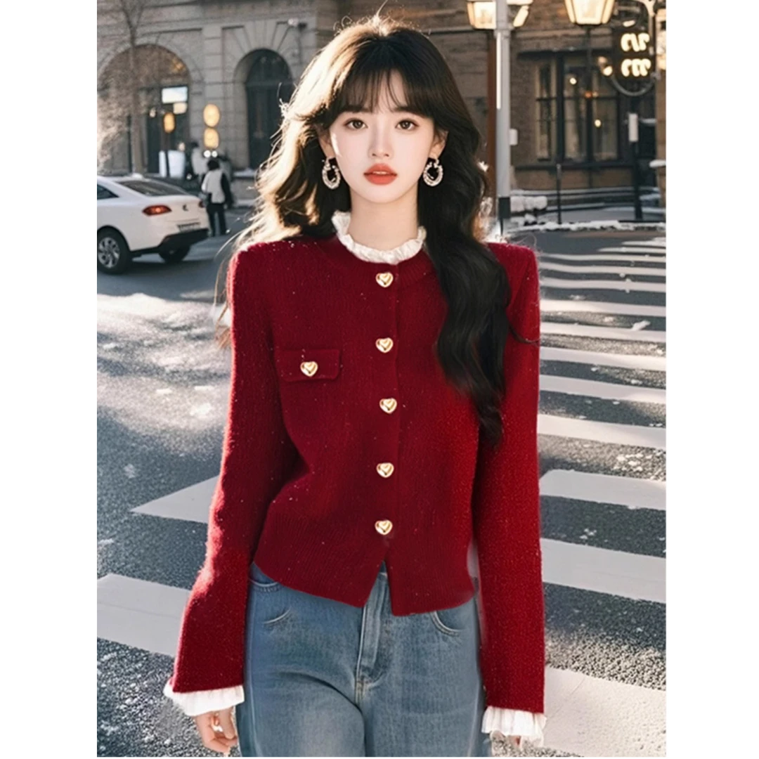 安可拉红色爱心毛衣外套秋冬女2025针织开衫洋气独特上衣新年战衣