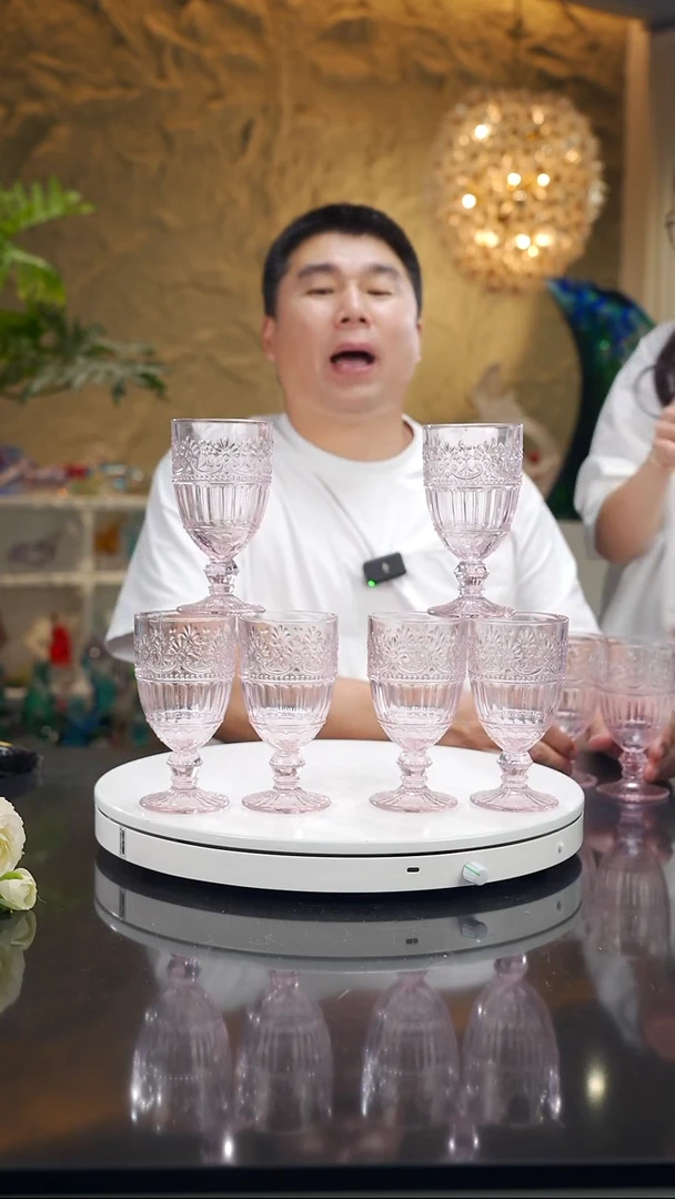 手工艺品琉璃福利粉色高脚杯一套8只