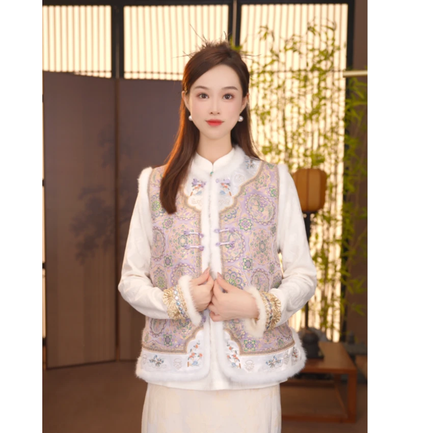 CJ【紫萱】秋冬季紫色新款中国风百搭复古锦绣马甲FB01026S2