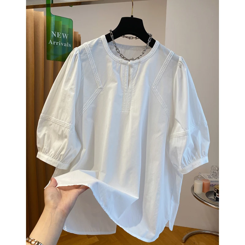 新中式白色衬衫女短袖2025新款夏季宽松休闲套头长绒棉娃娃衫上衣