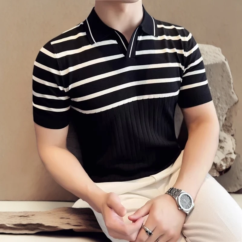 诺顿雷斯夏季冰丝薄款短袖T恤男修身体恤衫条纹针织拼色V领polo衫