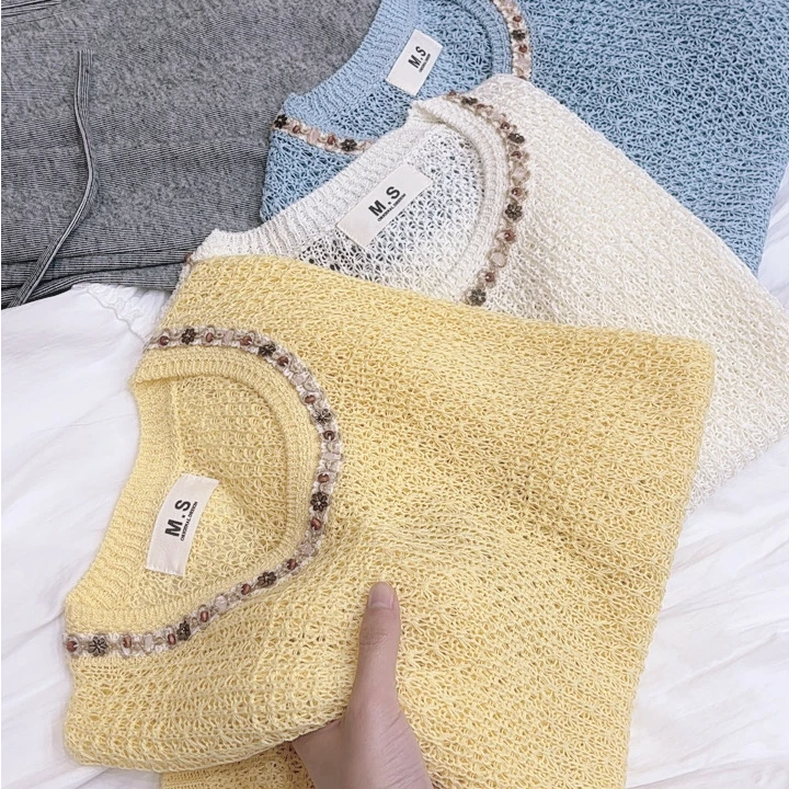 夏季新品！【波西米亚】圆领套头纯色镂空宽松短袖针织T恤衫 NQ-036