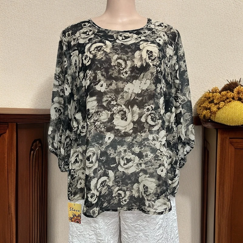 烟熏玫瑰上衣新款珍珠纱小衫时尚百搭宽松大码女士薄款夏季