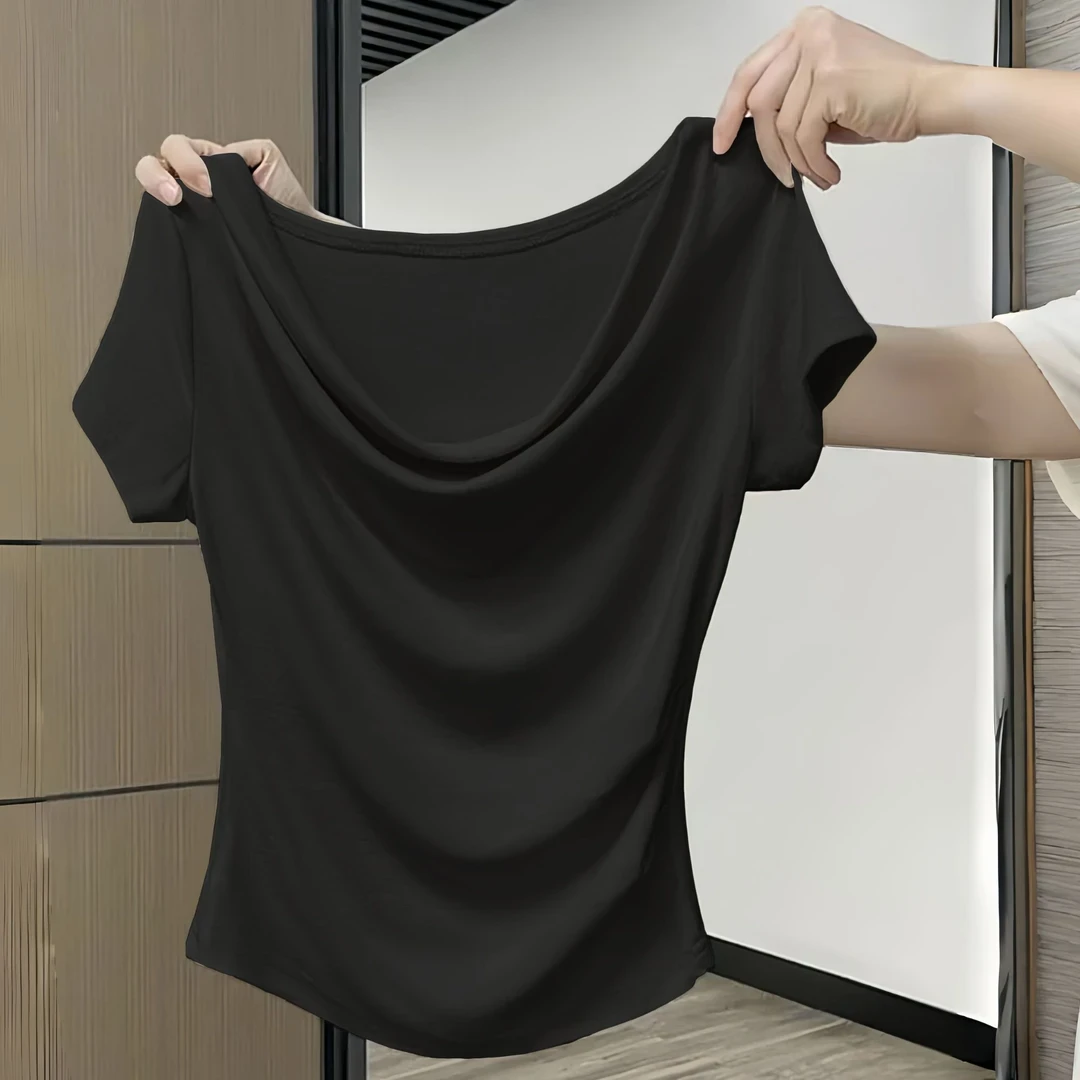 莫代尔荡领短袖t恤女夏季显瘦小众设计感小衫时尚修身露肩上衣潮