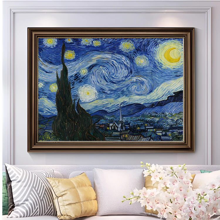 美式装饰画梵高夜色风景客厅挂画餐厅油画横版画客厅沙发背景墙画