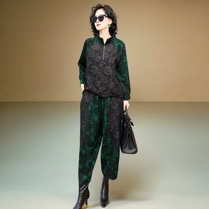 20120秋季新款复古大码显瘦上衣半拉链短款外套宽松休闲裤两件套