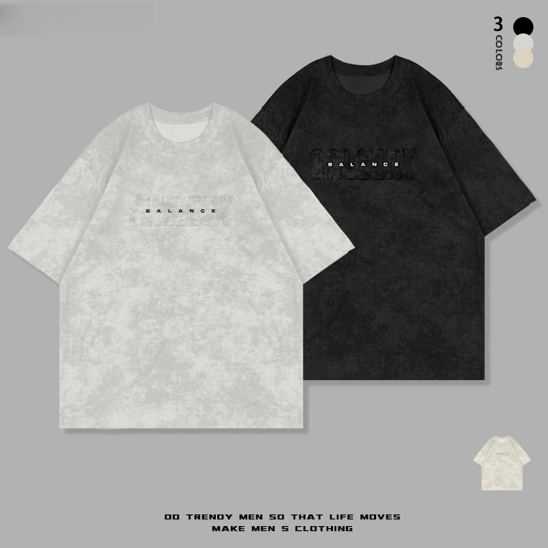 【新品推荐扎染立体字母钢印短袖】休闲潮流字母圆领短袖66806