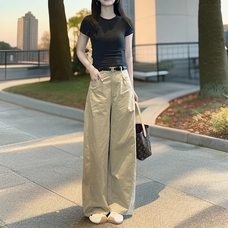 休闲通勤夏装搭配一整套女夏新款显瘦正肩上衣美式复古高腰阔腿裤