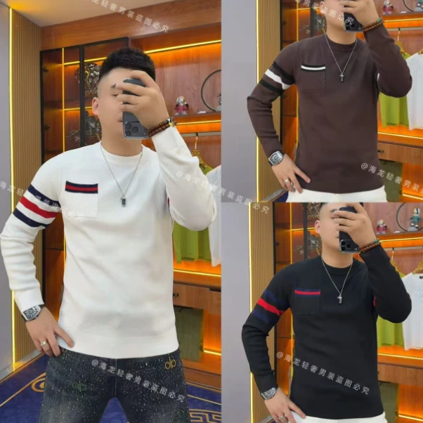 6838 秋冬红蓝织带针织衫 毛衣潮款男士冬季潮流爆款新款