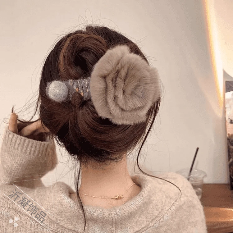 香卡玫瑰秋冬复古毛绒夹子头饰发夹后脑勺鸭嘴夹盘发一字高端发饰