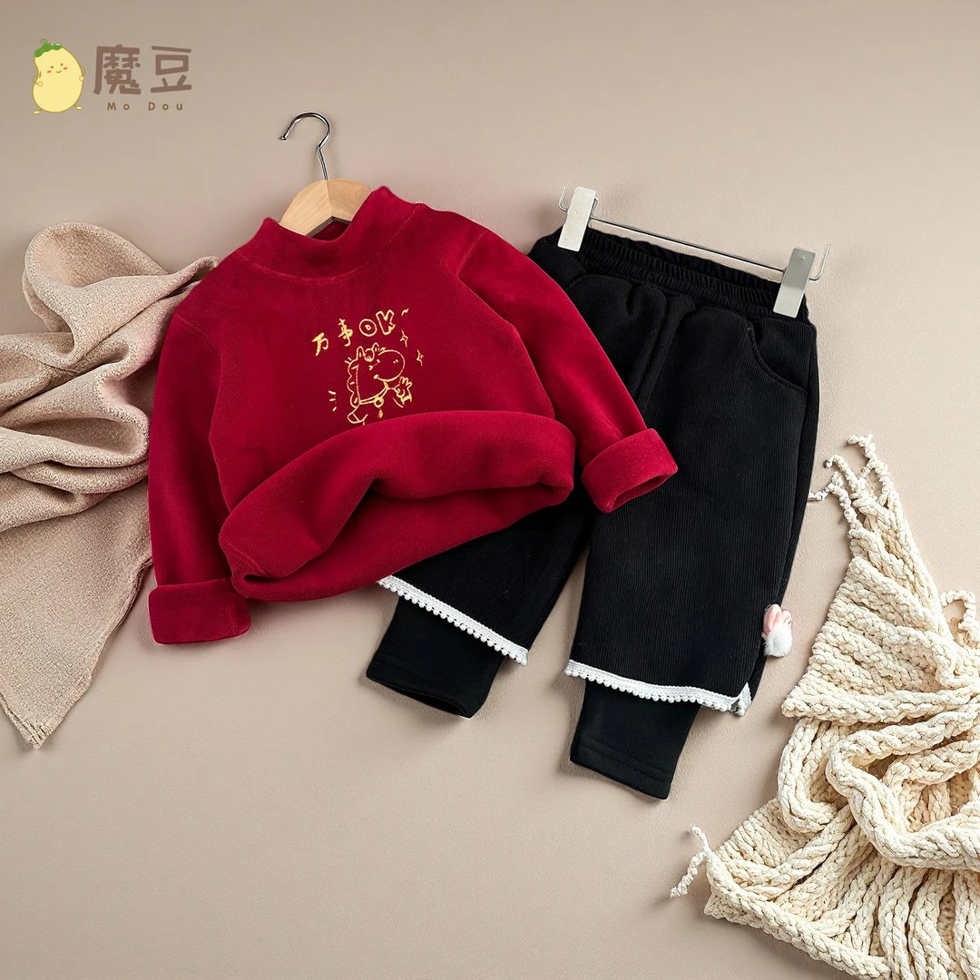 拜年服女童加绒加厚卫衣套装中国风春节儿童冬季新年服假两件裤子