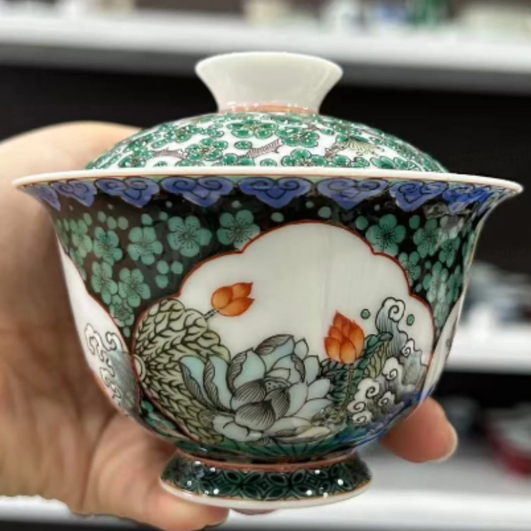 【斋居】立勤堂松石绿开窗花卉盖碗（HLC-GW-137）