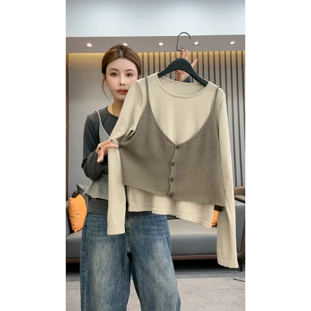 韩里韩气设计感小众独特漂亮上衣美拉德卡其色T恤吊带两件套女秋