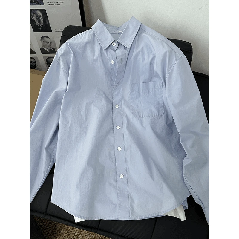 浅蓝色长袖衬衫男高级感痞帅日系盐系少年感穿搭翻领衬衣宽松外套