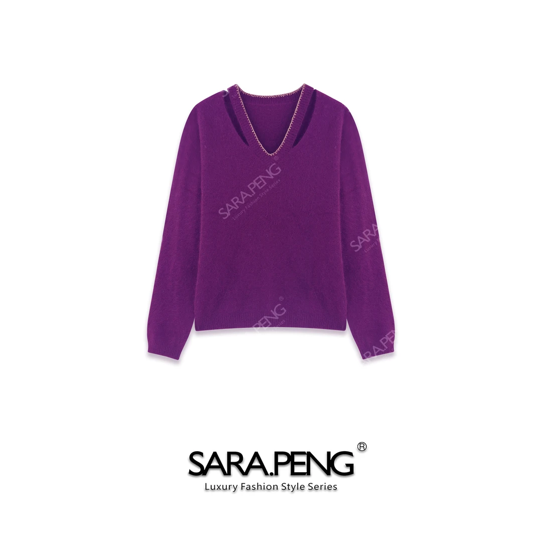 S.PENG魅力女神｜浣熊绒羊毛挂脖式手工金丝线领针织毛衣｜3D168741